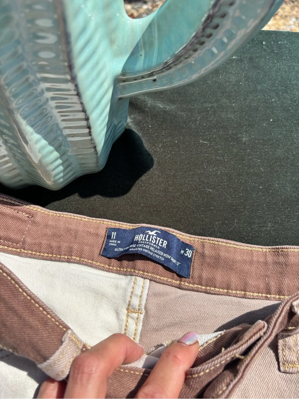 Hollister Two-Tone High-Rise Patchwork Jean Shorts - Cream & Brown